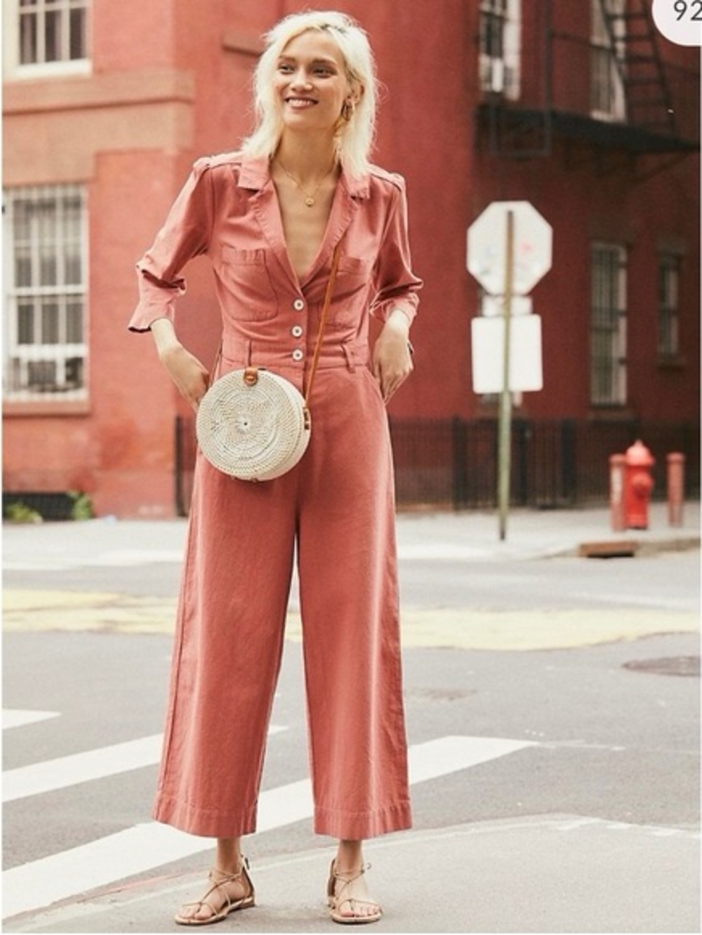 Free People Rust Terracotta Button-Front Wide-Leg Jumpsuit Open Back Size XS